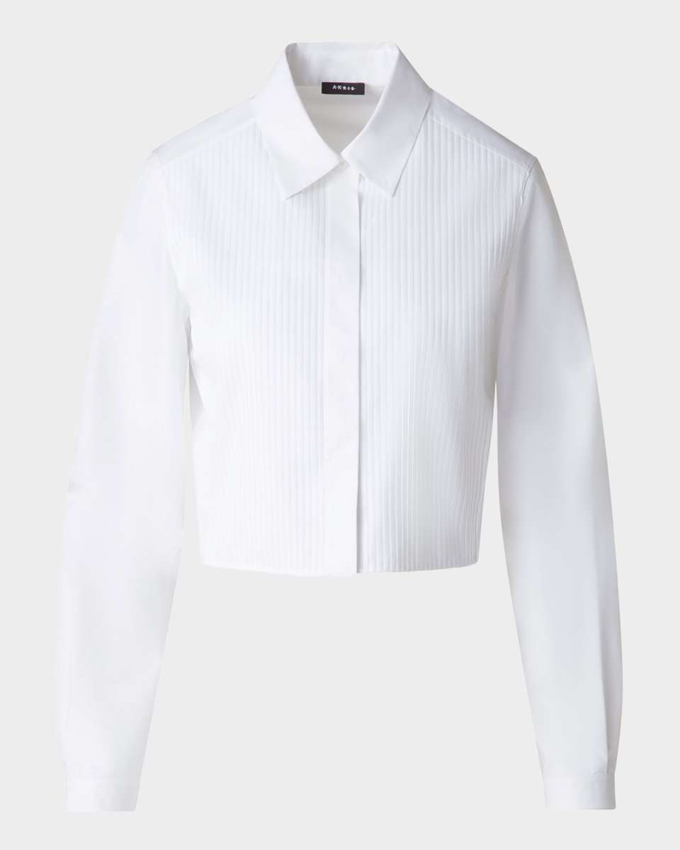 Pleated Cotton Voile Crop Button-Down Blouse